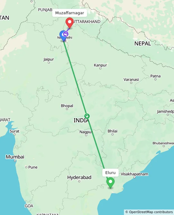Route map showing distance and travel time from Eluru, India to Muzaffarnagar, India