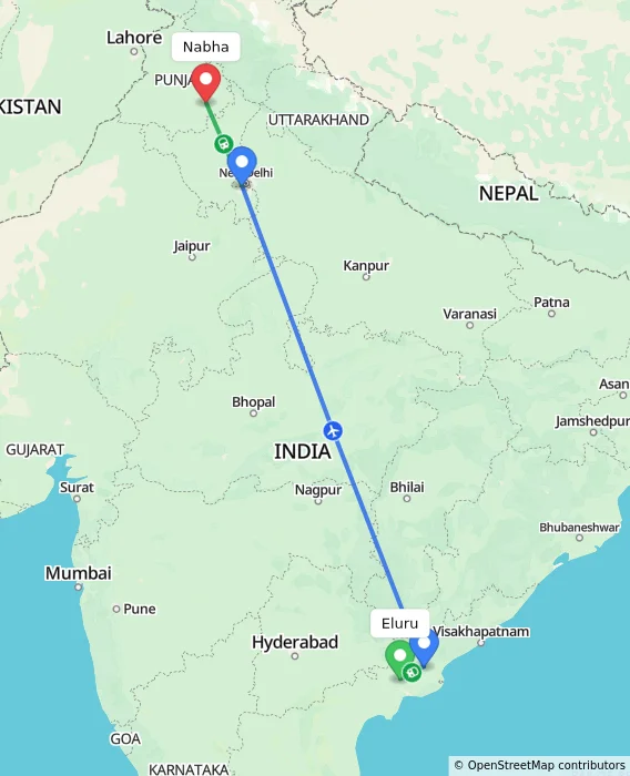 Route map showing distance and travel time from Eluru, India to Nabha, India