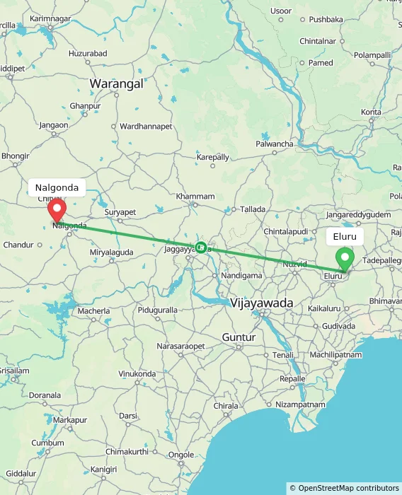 Route map showing distance and travel time from Eluru, India to Nalgonda, India