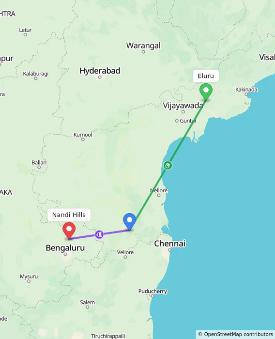 Route map showing distance and travel time from Eluru, India to Nandi Hills, India