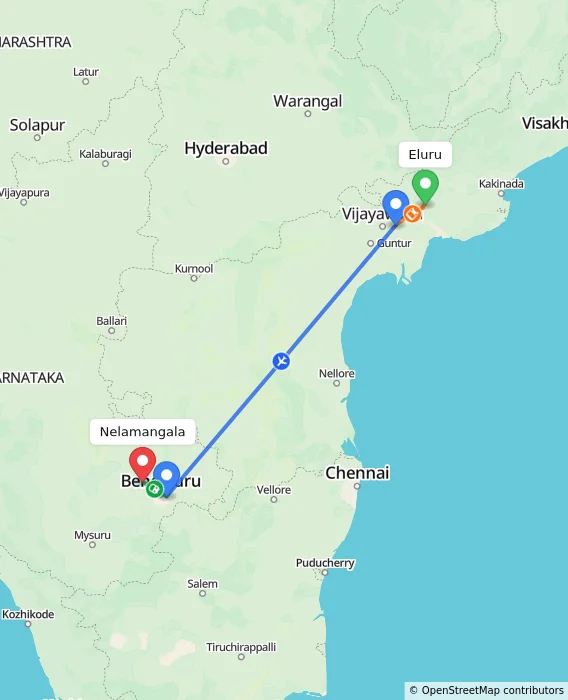Route map showing distance and travel time from Eluru, India to Nelamangala, India