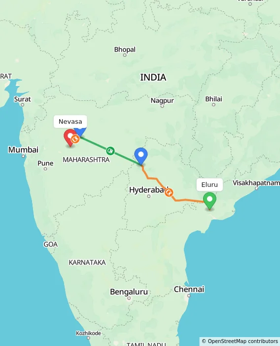 Route map showing distance and travel time from Eluru, India to Nevasa, India