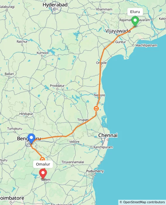 Route map showing distance and travel time from Eluru, India to Omalur, India