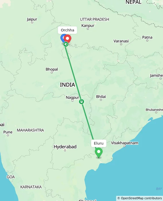 Route map showing distance and travel time from Eluru, India to Orchha, India