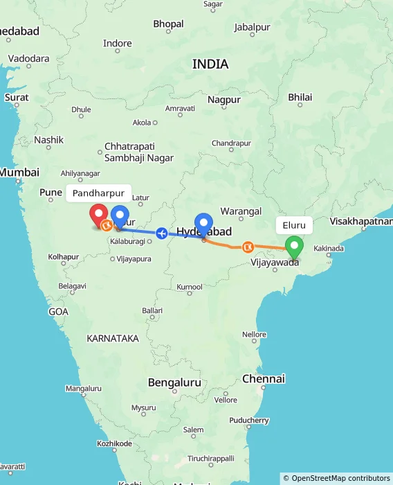 Route map showing distance and travel time from Eluru, India to Pandharpur, India