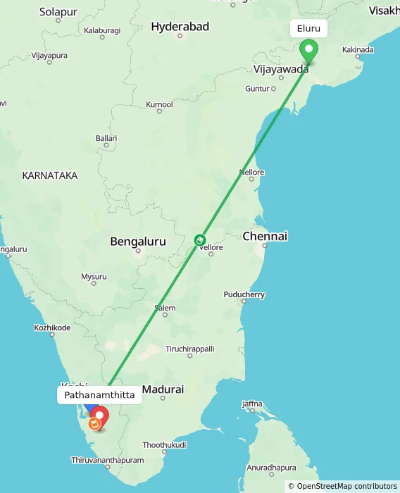 Route map showing distance and travel time from Eluru, India to Pathanamthitta, India