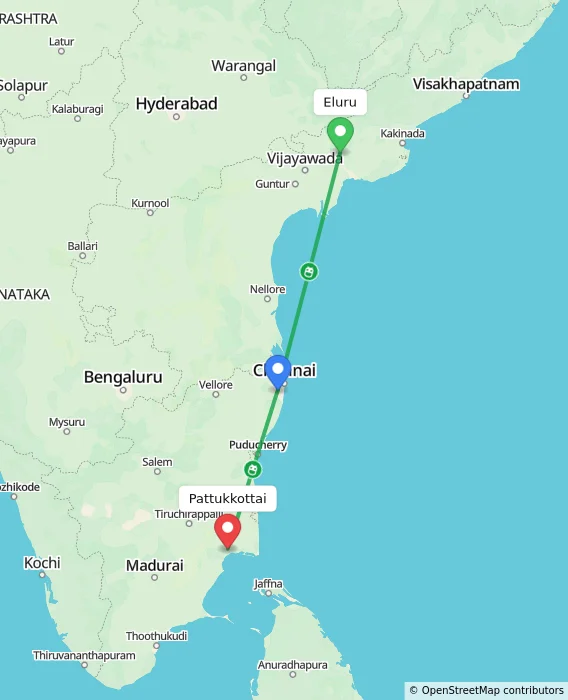Route map showing distance and travel time from Eluru, India to Pattukkottai, India