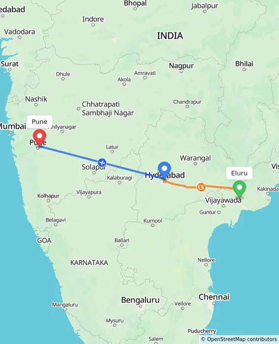 Route map showing distance and travel time from Eluru, India to Pune, India
