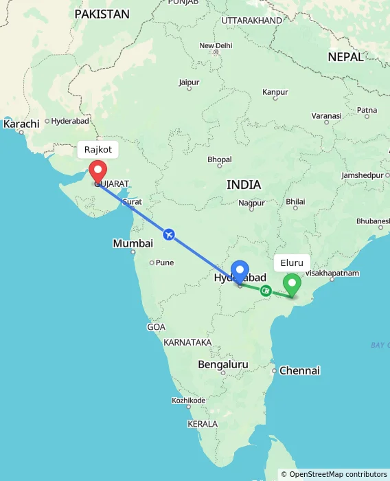 Route map showing distance and travel time from Eluru, India to Rajkot, India