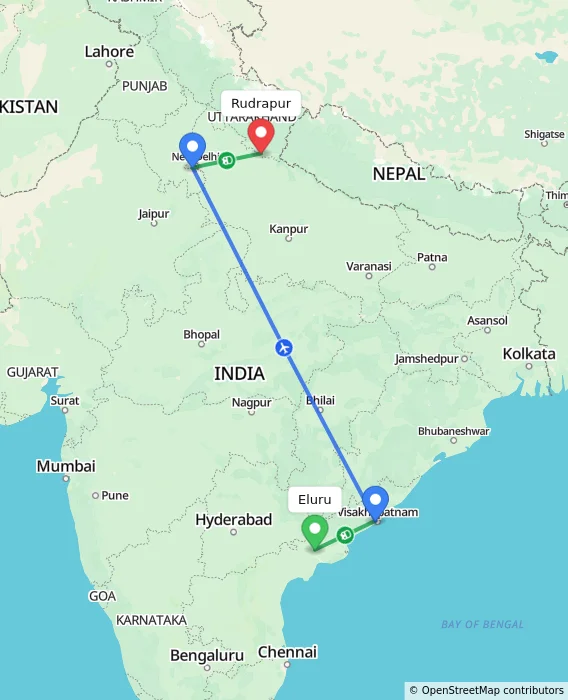 Route map showing distance and travel time from Eluru, India to Rudrapur, India