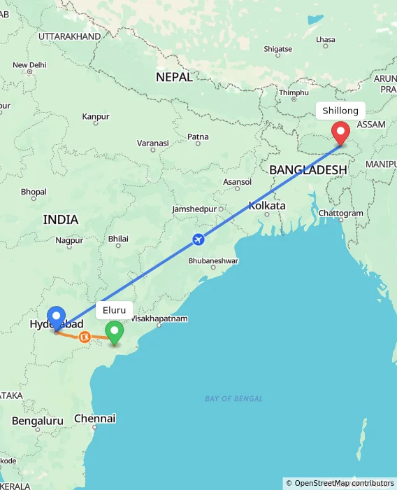 Route map showing distance and travel time from Eluru, India to Shillong, India