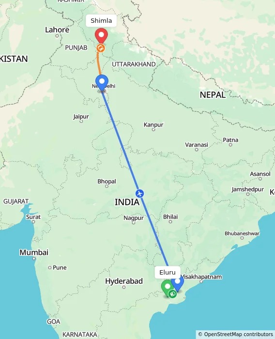 Route map showing distance and travel time from Eluru, India to Shimla, India