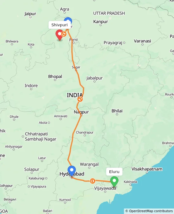 Route map showing distance and travel time from Eluru, India to Shivpuri, India
