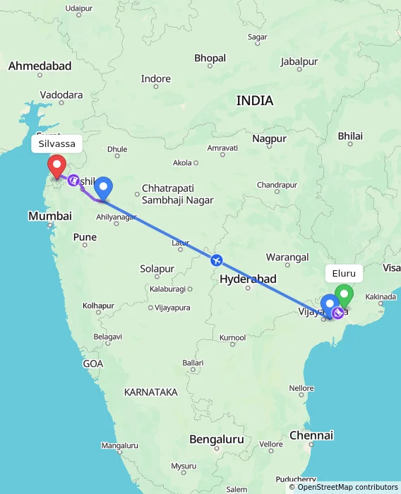 Route map showing distance and travel time from Eluru, India to Silvassa, India