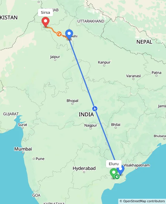 Route map showing distance and travel time from Eluru, India to Sirsa, India