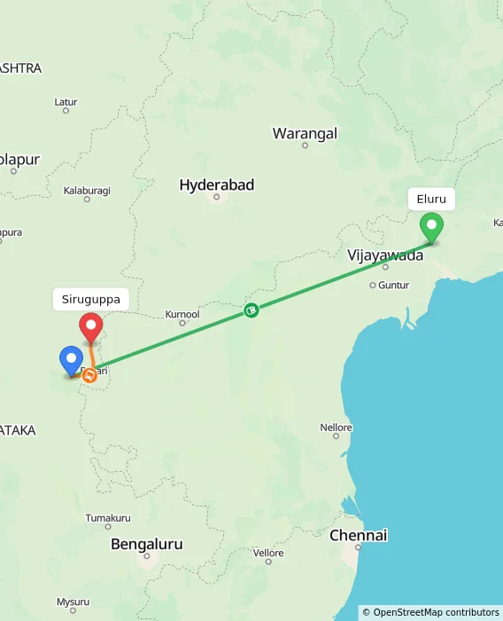 Route map showing distance and travel time from Eluru, India to Siruguppa, India