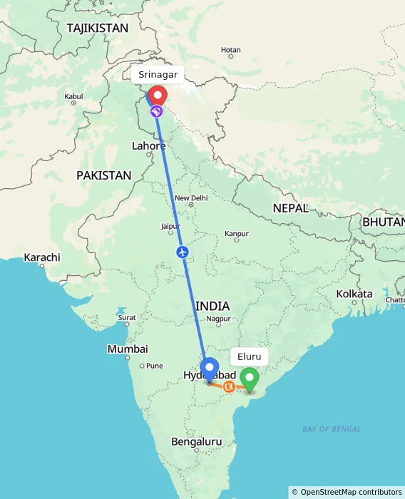 Route map showing distance and travel time from Eluru, India to Srinagar, India