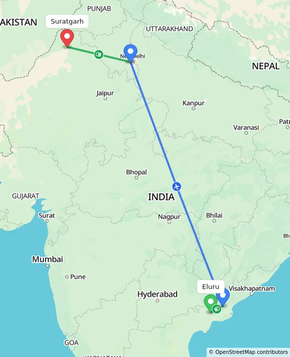 Route map showing distance and travel time from Eluru, India to Suratgarh, India