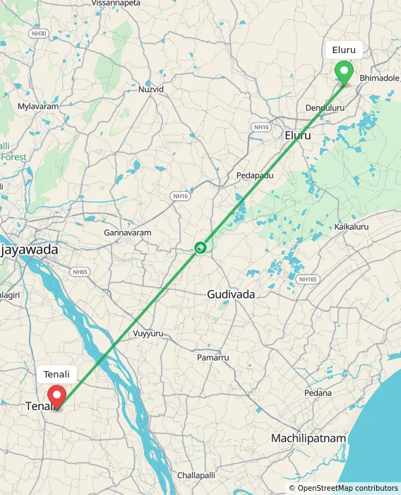 Route map showing distance and travel time from Eluru, India to Tenali, India