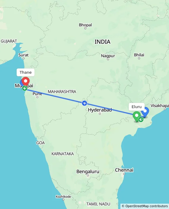 Route map showing distance and travel time from Eluru, India to Thane, India