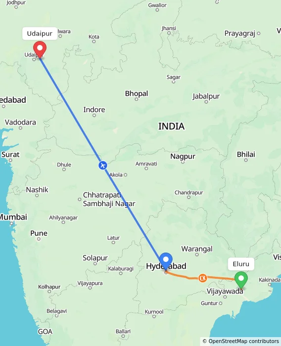 Route map showing distance and travel time from Eluru, India to Udaipur, India