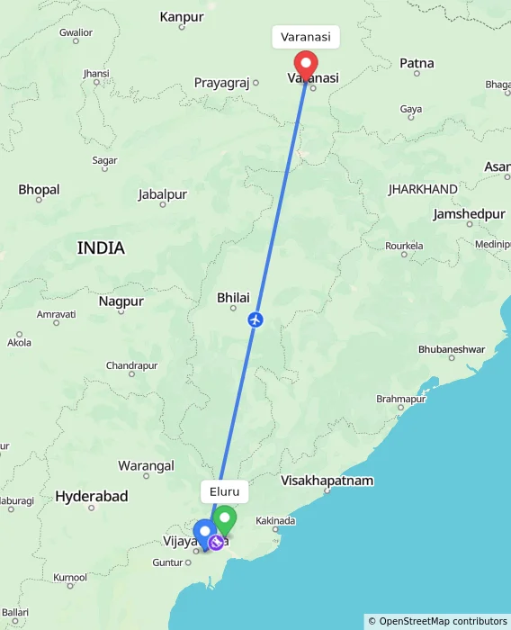 Route map showing distance and travel time from Eluru, India to Varanasi, India