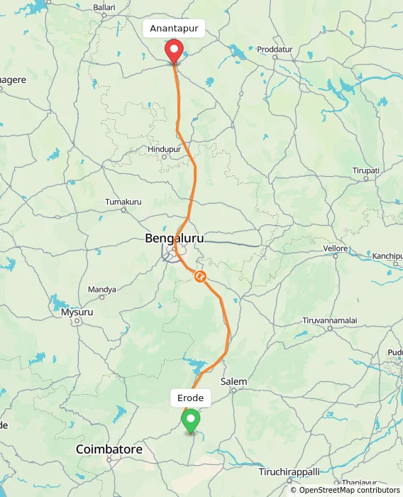Route map showing distance and travel time from Erode, India to Anantapur, India