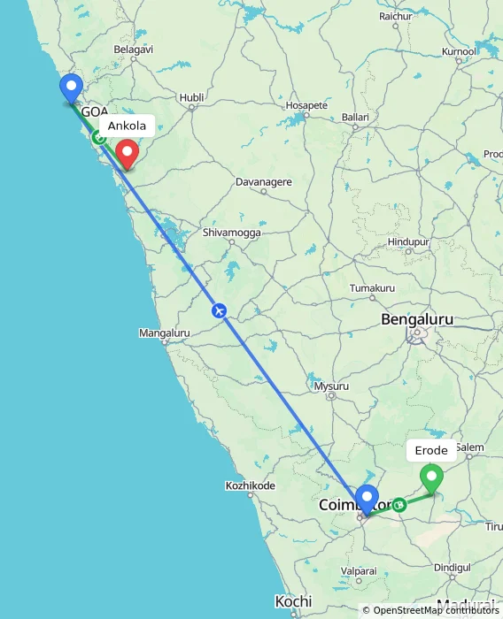 Route map showing distance and travel time from Erode, India to Ankola, India