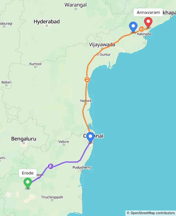Route map showing distance and travel time from Erode, India to Annavaram, India