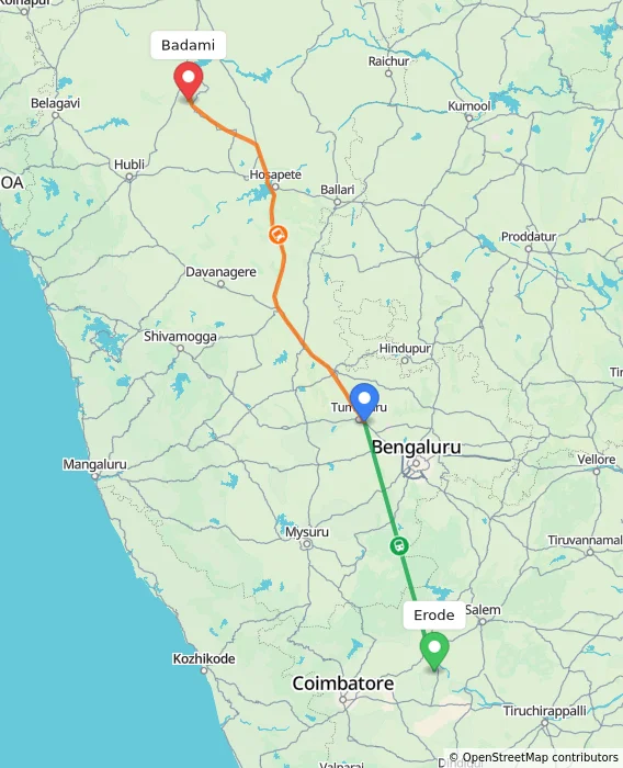 Route map showing distance and travel time from Erode, India to Badami, India