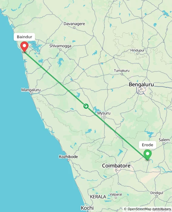 Route map showing distance and travel time from Erode, India to Baindur, India