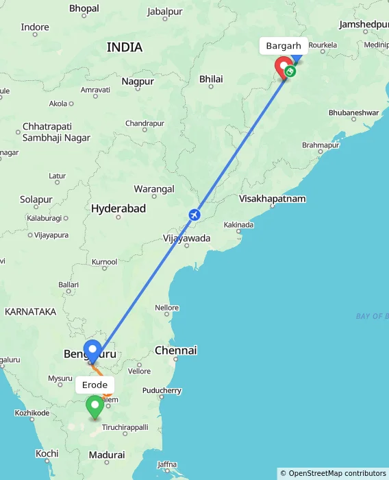 Route map showing distance and travel time from Erode, India to Bargarh, India