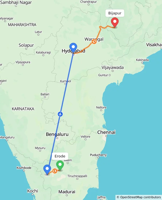 Route map showing distance and travel time from Erode, India to Bijapur, India