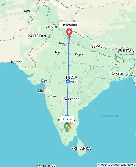 Route map showing distance and travel time from Erode, India to Dehradun, India