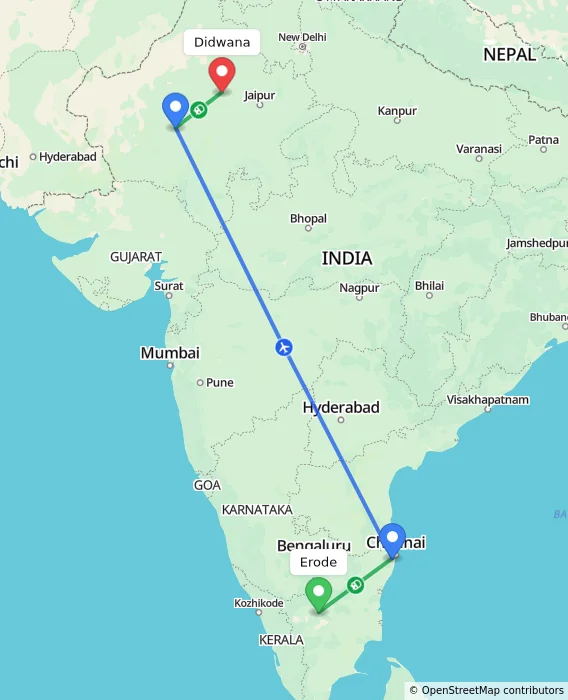 Route map showing distance and travel time from Erode, India to Didwana, India