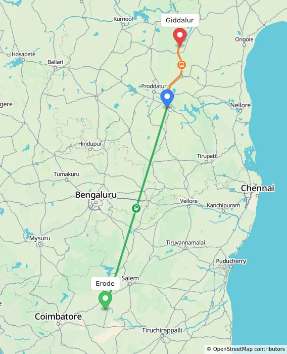 Route map showing distance and travel time from Erode, India to Giddalur, India