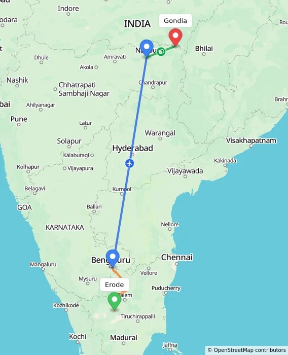 Route map showing distance and travel time from Erode, India to Gondia, India
