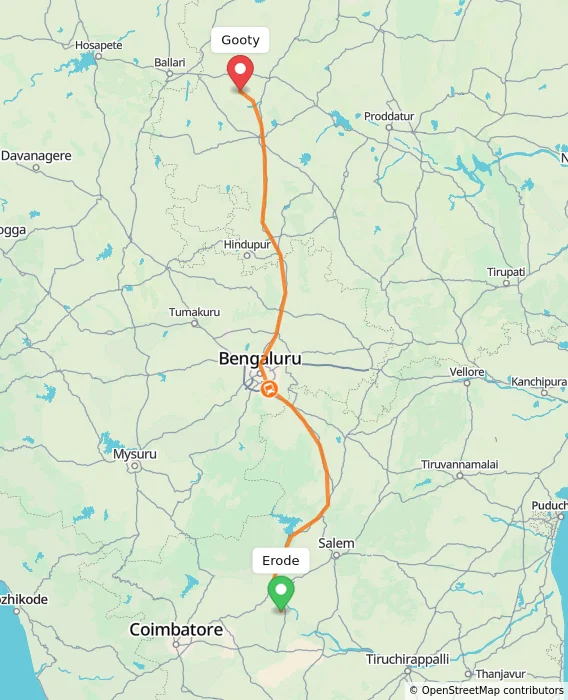 Route map showing distance and travel time from Erode, India to Gooty, India