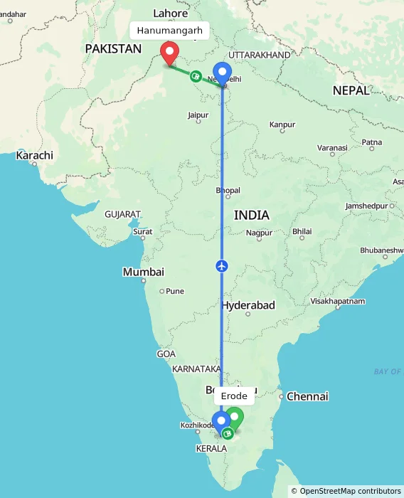 Route map showing distance and travel time from Erode, India to Hanumangarh, India