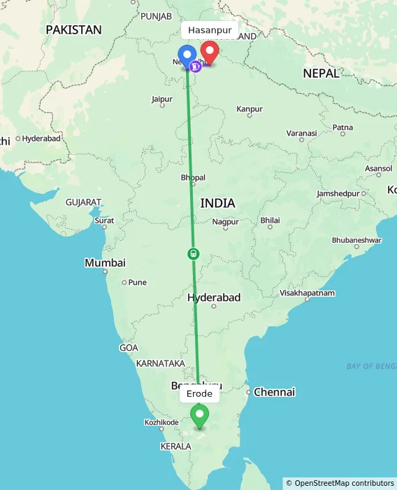 Route map showing distance and travel time from Erode, India to Hasanpur, India