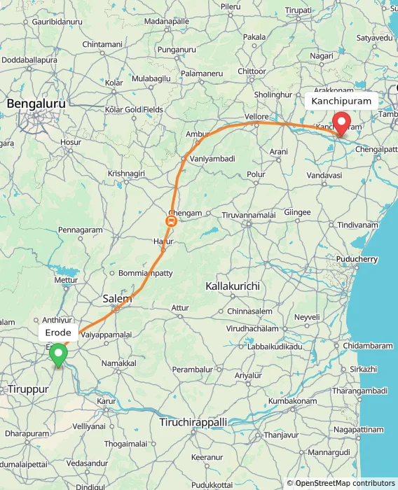 Route map showing distance and travel time from Erode, India to Kanchipuram, India