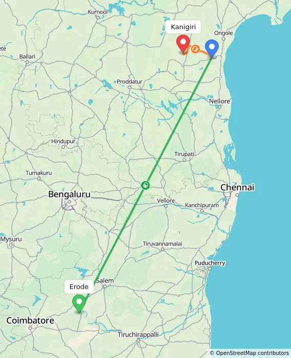 Route map showing distance and travel time from Erode, India to Kanigiri, India