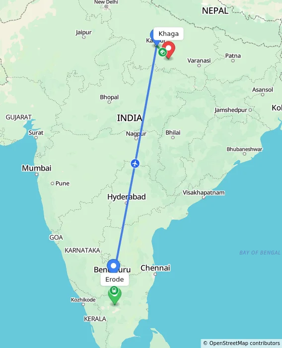 Route map showing distance and travel time from Erode, India to Khaga, India