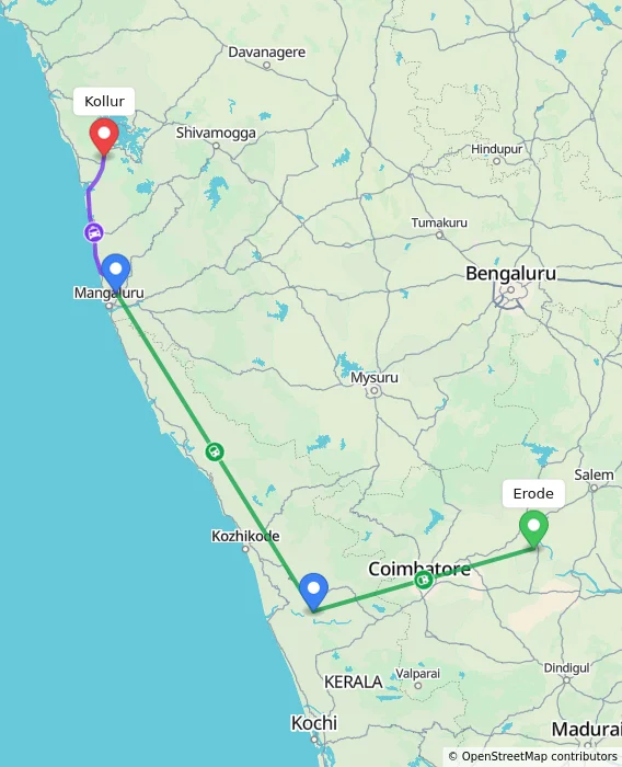 Route map showing distance and travel time from Erode, India to Kollur, India