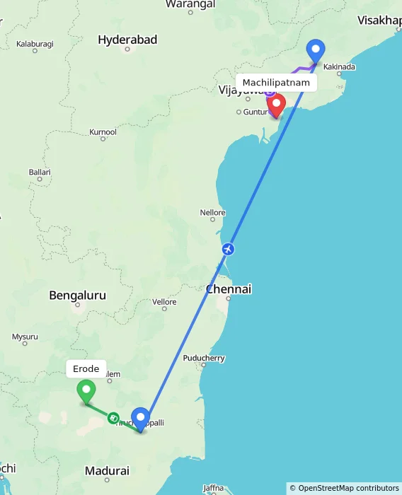 Route map showing distance and travel time from Erode, India to Machilipatnam, India