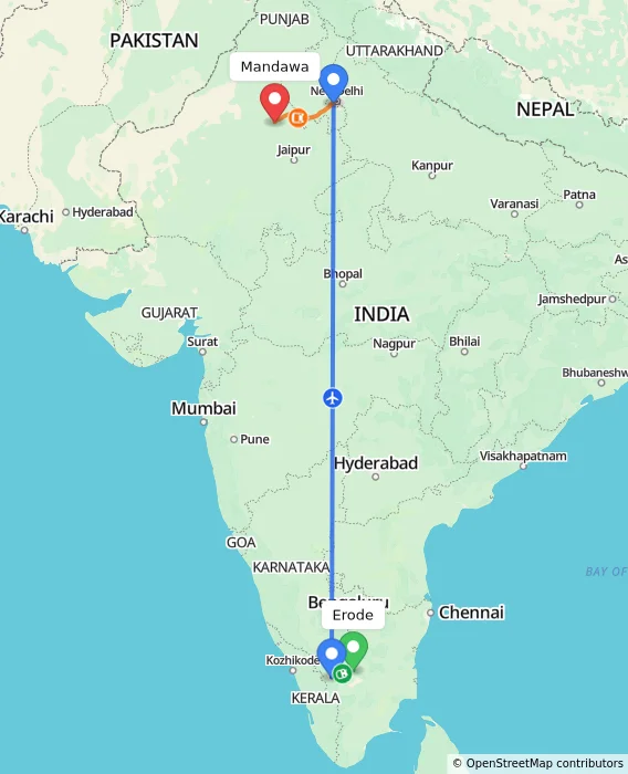 Route map showing distance and travel time from Erode, India to Mandawa, India