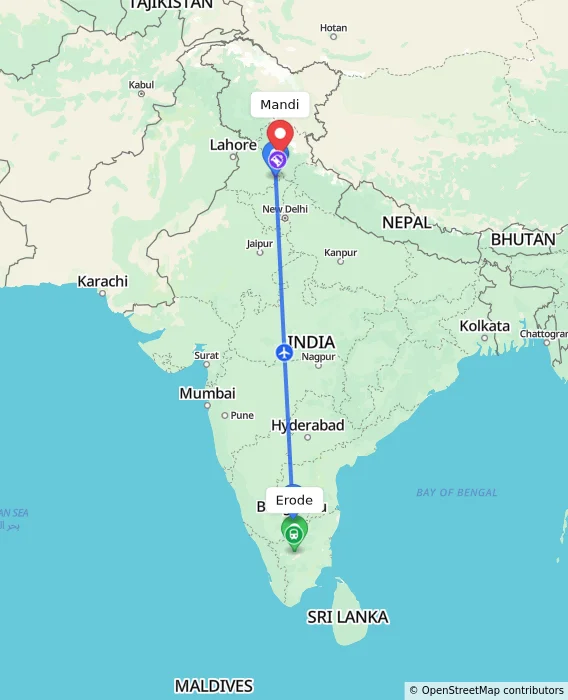 Route map showing distance and travel time from Erode, India to Mandi, India