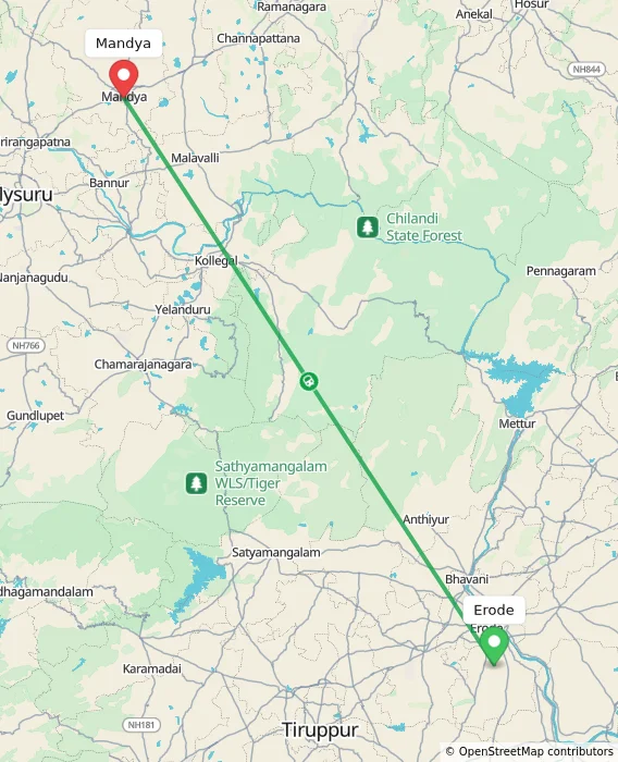 Route map showing distance and travel time from Erode, India to Mandya, India