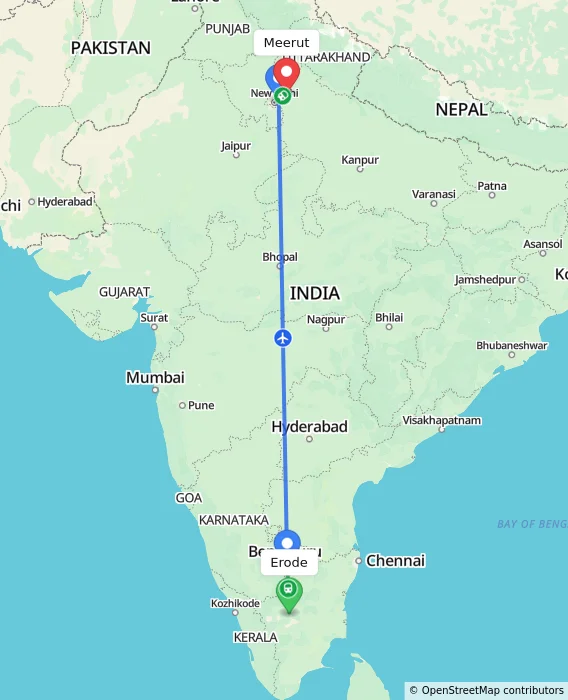 Route map showing distance and travel time from Erode, India to Meerut, India