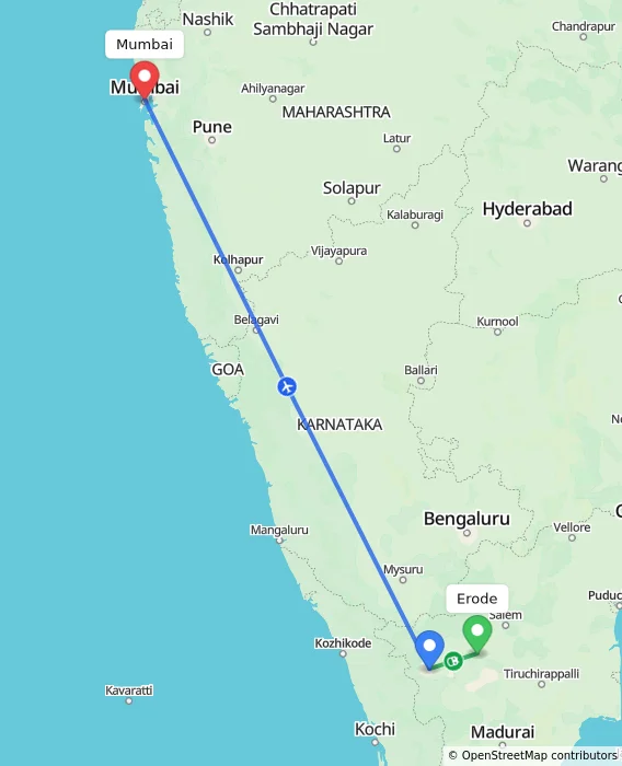Route map showing distance and travel time from Erode, India to Mumbai, India